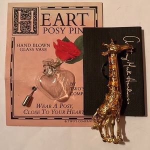 Jeweled Giraffe pin & hand-blown Glass Heart vase pin